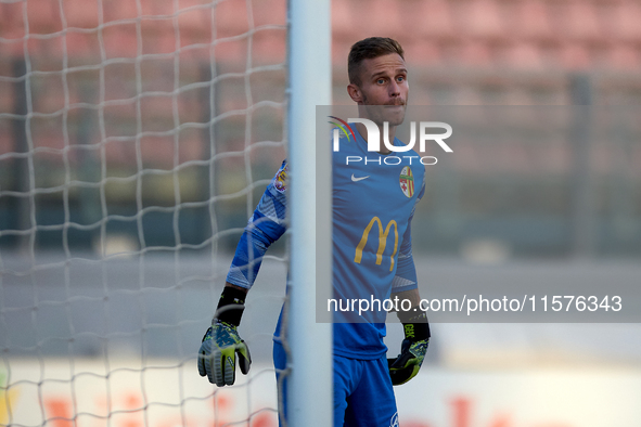 Giacomo Volpe, goalkeeper of Birkirkara, gestures during the Malta 360 Sports Premier League soccer match between Hibernians and Birkirkara...