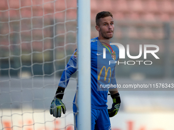 Giacomo Volpe, goalkeeper of Birkirkara, gestures during the Malta 360 Sports Premier League soccer match between Hibernians and Birkirkara...