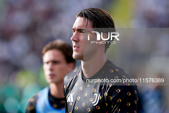 Dusan Vlahovic of Juventus FC looks on during the Serie A Enilive match between Empoli FC and Juventus FC at Stadio Carlo Castellani on Sept...