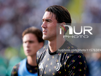 Dusan Vlahovic of Juventus FC looks on during the Serie A Enilive match between Empoli FC and Juventus FC at Stadio Carlo Castellani on Sept...