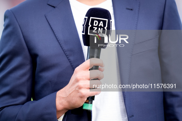 Microphone of DAZN television during the Serie A Enilive match between Empoli FC and Juventus FC at Stadio Carlo Castellani on September 14,...