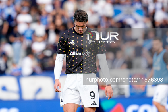 Dusan Vlahovic of Juventus FC looks down during the Serie A Enilive match between Empoli FC and Juventus FC at Stadio Carlo Castellani on Se...