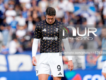 Dusan Vlahovic of Juventus FC looks down during the Serie A Enilive match between Empoli FC and Juventus FC at Stadio Carlo Castellani on Se...