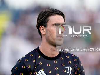 Dusan Vlahovic of Juventus FC looks on during the Serie A Enilive match between Empoli FC and Juventus FC at Stadio Carlo Castellani on Sept...