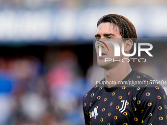 Dusan Vlahovic of Juventus FC looks on during the Serie A Enilive match between Empoli FC and Juventus FC at Stadio Carlo Castellani on Sept...