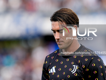 Dusan Vlahovic of Juventus FC looks down during the Serie A Enilive match between Empoli FC and Juventus FC at Stadio Carlo Castellani on Se...