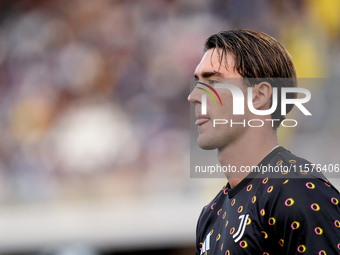 Dusan Vlahovic of Juventus FC looks on during the Serie A Enilive match between Empoli FC and Juventus FC at Stadio Carlo Castellani on Sept...