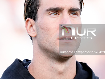 Dusan Vlahovic of Juventus FC looks on during the Serie A Enilive match between Empoli FC and Juventus FC at Stadio Carlo Castellani on Sept...