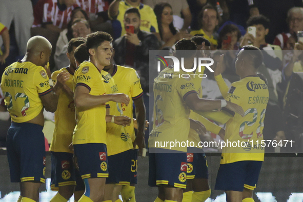 Team America celebrates after scoring a goal during the 17th round match of the Torneo de Apertura as part of the Liga MX between Chivas de...