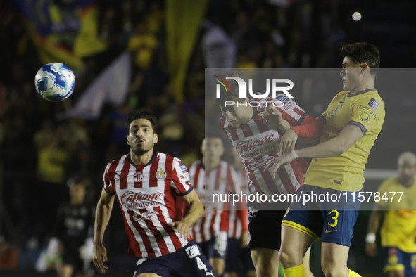 Armando Gonzalez Alba #34 of Chivas de Guadalajara heads the ball during the 17th round match of the Torneo de Apertura as part of the Liga...