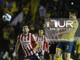 Armando Gonzalez Alba #34 of Chivas de Guadalajara heads the ball during the 17th round match of the Torneo de Apertura as part of the Liga...