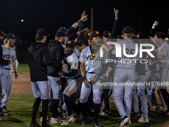 The Yolo High Wheelers celebrate advancing to the Pioneer Baseball League's championship series with their 6 to 4 win over the Oakland Balle...