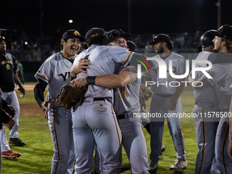 The Yolo High Wheelers celebrate advancing to the Pioneer Baseball League's championship series with their 6 to 4 win over the Oakland Balle...