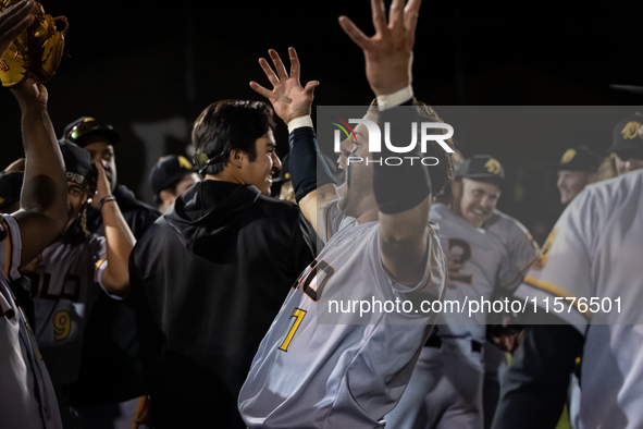 The Yolo High Wheelers celebrate advancing to the Pioneer Baseball League's championship series with their 6 to 4 win over the Oakland Balle...