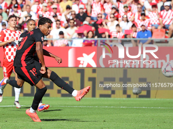 Lamine Yamal scores during the match between Girona FC and FC Barcelona in Girona, Spain, on September 15, 2024. (