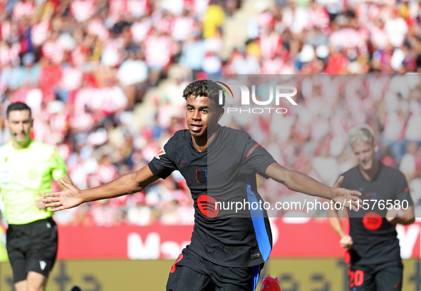 Lamine Yamal celebrates a goal during the match between Girona FC and FC Barcelona in the week 5 of LaLiga EA Sports, at the Montilivi Stadi...