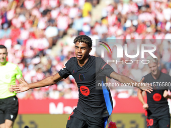 Lamine Yamal celebrates a goal during the match between Girona FC and FC Barcelona in the week 5 of LaLiga EA Sports, at the Montilivi Stadi...