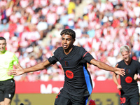 Lamine Yamal celebrates a goal during the match between Girona FC and FC Barcelona in the week 5 of LaLiga EA Sports, at the Montilivi Stadi...