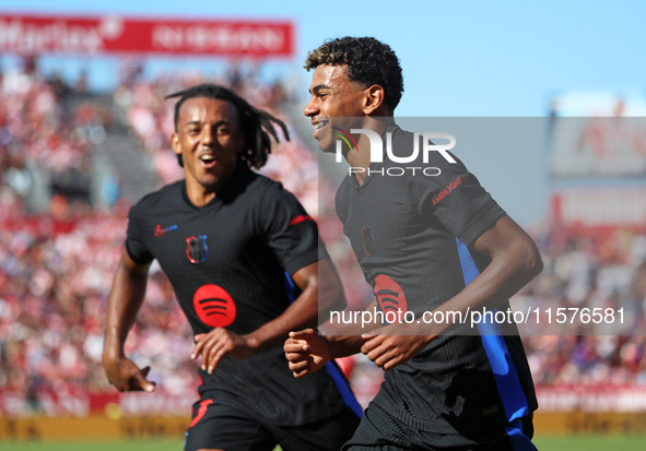 Lamine Yamal celebrates a goal during the match between Girona FC and FC Barcelona in the week 5 of LaLiga EA Sports, at the Montilivi Stadi...