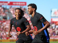 Lamine Yamal celebrates a goal during the match between Girona FC and FC Barcelona in the week 5 of LaLiga EA Sports, at the Montilivi Stadi...