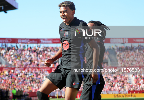 Lamine Yamal celebrates a goal during the match between Girona FC and FC Barcelona in the week 5 of LaLiga EA Sports, at the Montilivi Stadi...