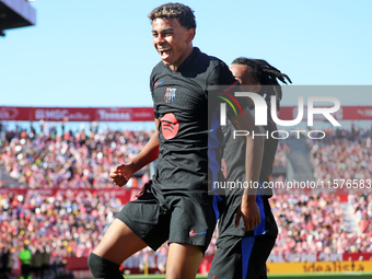 Lamine Yamal celebrates a goal during the match between Girona FC and FC Barcelona in the week 5 of LaLiga EA Sports, at the Montilivi Stadi...