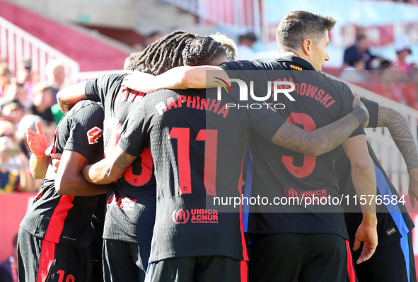 Lamine Yamal celebrates a goal during the match between Girona FC and FC Barcelona in the week 5 of LaLiga EA Sports, at the Montilivi Stadi...