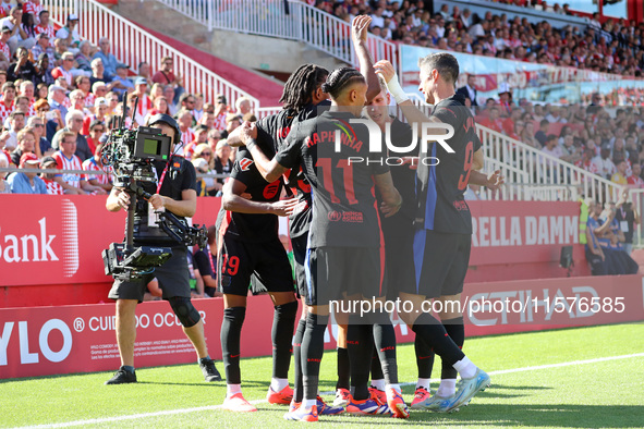 Lamine Yamal celebrates a goal during the match between Girona FC and FC Barcelona in the week 5 of LaLiga EA Sports, at the Montilivi Stadi...