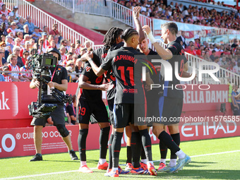 Lamine Yamal celebrates a goal during the match between Girona FC and FC Barcelona in the week 5 of LaLiga EA Sports, at the Montilivi Stadi...