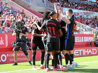 Lamine Yamal celebrates a goal during the match between Girona FC and FC Barcelona in the week 5 of LaLiga EA Sports, at the Montilivi Stadi...