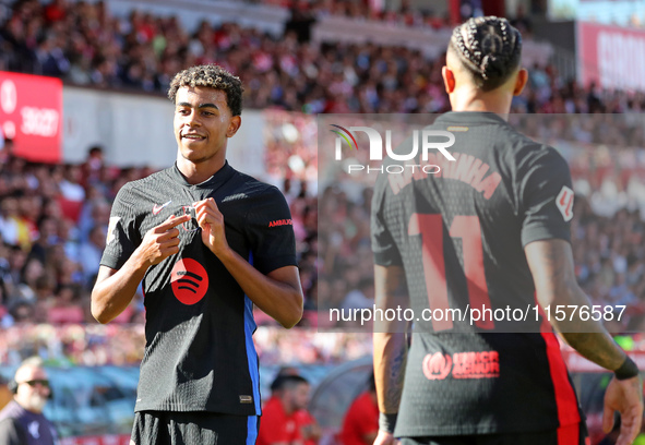 Lamine Yamal celebrates a goal during the match between Girona FC and FC Barcelona in the week 5 of LaLiga EA Sports, at the Montilivi Stadi...