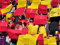 Girona fans cheer for their team during the La Liga EA SPORTS match against FC Barcelona at Estadi Montilivi, in Girona, Spain, on September...