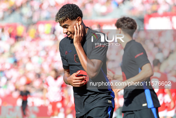 Lamine Yamal celebrates a goal during the match between Girona FC and FC Barcelona in the week 5 of LaLiga EA Sports, at the Montilivi Stadi...