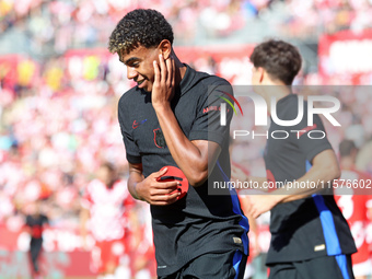 Lamine Yamal celebrates a goal during the match between Girona FC and FC Barcelona in the week 5 of LaLiga EA Sports, at the Montilivi Stadi...