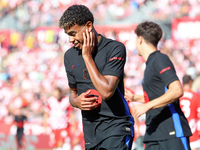 Lamine Yamal celebrates a goal during the match between Girona FC and FC Barcelona in the week 5 of LaLiga EA Sports, at the Montilivi Stadi...