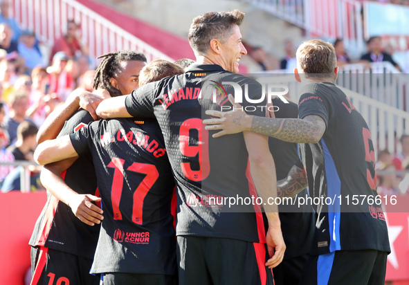 Lamine Yamal celebrates a goal during the match between Girona FC and FC Barcelona in the week 5 of LaLiga EA Sports, at the Montilivi Stadi...