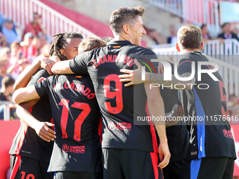 Lamine Yamal celebrates a goal during the match between Girona FC and FC Barcelona in the week 5 of LaLiga EA Sports, at the Montilivi Stadi...