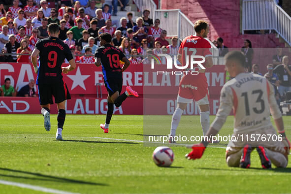 Lamine Yamal of FC Barcelona celebrates after scoring against Girona during the La Liga EA SPORTS match at Estadi Montilivi in Girona, Spain...