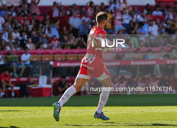 Cristhian Stuani of Girona celebrates after scoring against FC Barcelona during the La Liga EA SPORTS match at Estadi Montilivi in Girona, S...