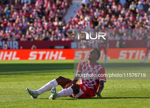 Jhon Solis of Girona during the La Liga EA SPORTS match against FC Barcelona in Girona, Spain, on September 15, 2024 