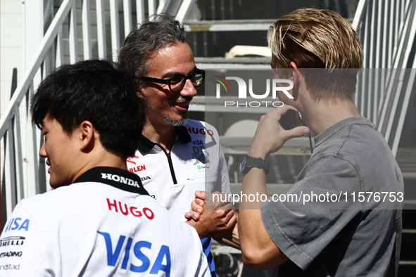 Yuki Tsunoda of RB, Lauren Mekies and Liam Lawson ahead of the Formula 1 Grand Prix of Azerbaijan at Baku City Circuit in Baku, Azerbaijan o...