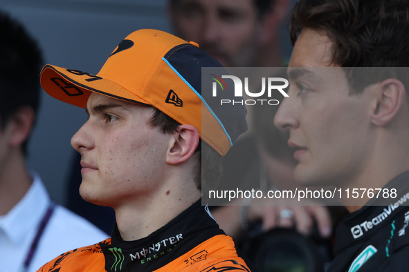 Oscar Piastri of McLaren and George Russell of Mercedes after the Formula 1 Grand Prix of Azerbaijan at Baku City Circuit in Baku, Azerbaija...