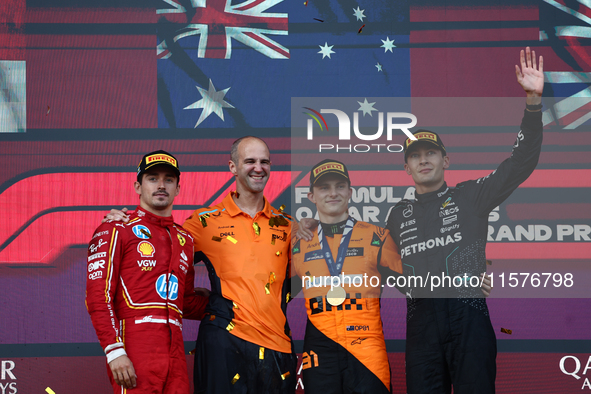 Charles Leclerc of Ferrari, Oscar Piastri of McLaren and George Russell of Mercedes after the Formula 1 Grand Prix of Azerbaijan at Baku Cit...