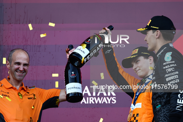 Oscar Piastri of McLaren and George Russell of Mercedes after the Formula 1 Grand Prix of Azerbaijan at Baku City Circuit in Baku, Azerbaija...