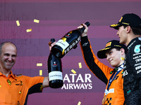 Oscar Piastri of McLaren and George Russell of Mercedes after the Formula 1 Grand Prix of Azerbaijan at Baku City Circuit in Baku, Azerbaija...