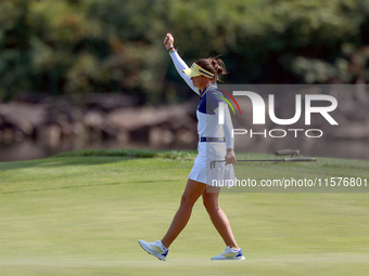 GAINESVILLE, VIRGINIA - SEPTEMBER 15: Linn Grant of Team Europe celebrates her putt on hole 11 during the final round of the Solheim Cup at...