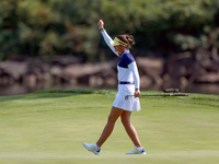 GAINESVILLE, VIRGINIA - SEPTEMBER 15: Linn Grant of Team Europe celebrates her putt on hole 11 during the final round of the Solheim Cup at...