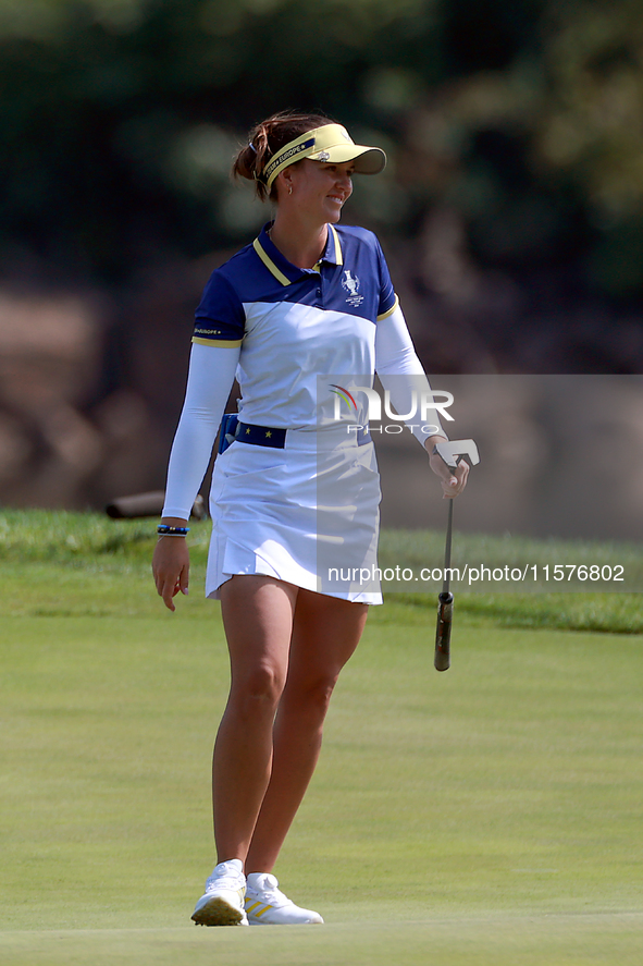 GAINESVILLE, VIRGINIA - SEPTEMBER 15: Linn Grant of Team Europe celebrates her putt on hole 11 during the final round of the Solheim Cup at...