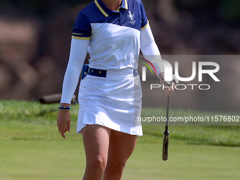 GAINESVILLE, VIRGINIA - SEPTEMBER 15: Linn Grant of Team Europe celebrates her putt on hole 11 during the final round of the Solheim Cup at...