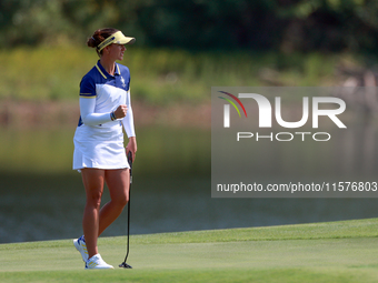 GAINESVILLE, VIRGINIA - SEPTEMBER 15: Linn Grant of Team Europe celebrates her putt on hole 11 during the final round of the Solheim Cup at...